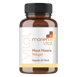 Braune Kapselpackung mit weißem Etikett, beschriftet mit 'Haut Haare Nägel', 60 Stück.