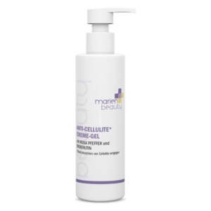 Flasche mit Anti-Cellulite Creme-Gel von marien beauty, mit Pumpspender und Beschreibung der Inhaltsstoffe.