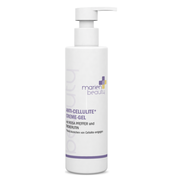 Flasche mit Anti-Cellulite Creme-Gel von marien beauty, mit Pumpspender und Beschreibung der Inhaltsstoffe.