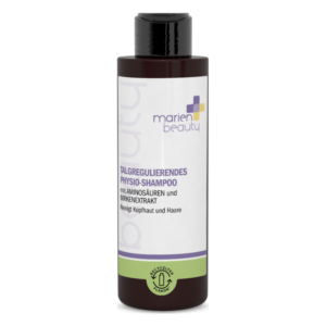 Flasche mit talgregulierendem Physio-Shampoo von marien beauty, enthält Aminosäuren und Birkenextrakt.