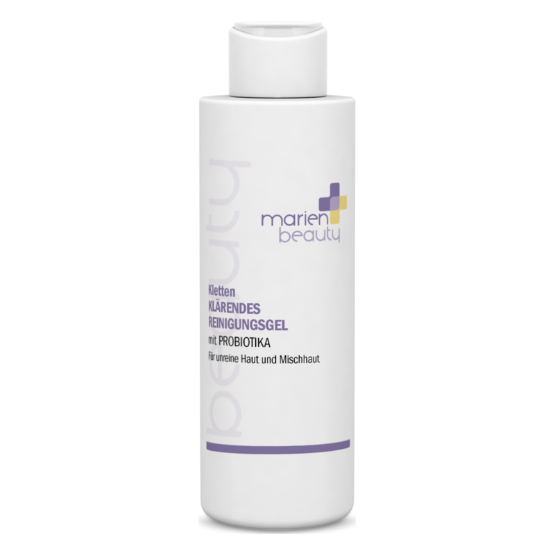 Flasche mit klärendem Reinigungsgel von Marien Beauty, geeignet für unebene Haut und Mischhaut, mit Probiotika.