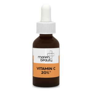 Braune Glasflasche mit Pipette, Etikett zeigt "marien beauty Vitamin C 20%" in orange und weiß.