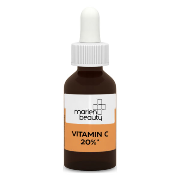 Braune Glasflasche mit Pipette, Etikett zeigt "marien beauty Vitamin C 20%" in orange und weiß.