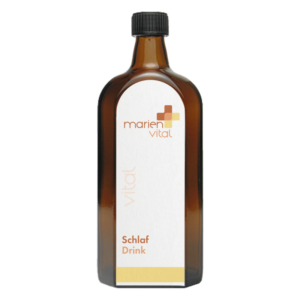 Braune Glasflasche mit weißem Etikett, gekennzeichnet als "Schlaf Drink" von marien vital.