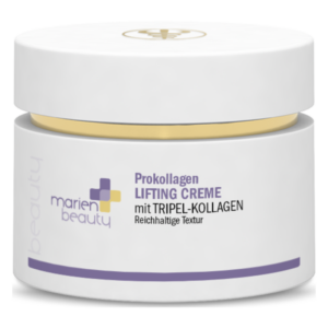 Weißer Cremetiegel mit goldenem Deckel, beschriftet mit "Prokollagen Lifting Creme mit Tripel-Kollagen".