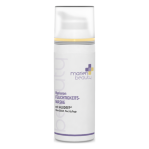 Flasche mit Hyaluron Feuchtigkeitsmaske von marien beauty, weiß mit lila und gelben Akzenten.