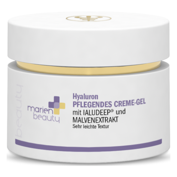 Hyaluronpflege Creme-Gel in einem weißen, runden Tiegel mit goldenem Deckel und lila Schrift.