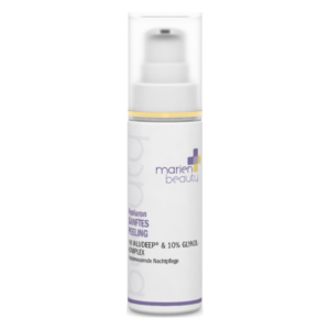 Flasche mit sanftem Peeling von marien beauty, enthält Hyaluron und Glykolsäure, deckt Schimmernutzung ab.