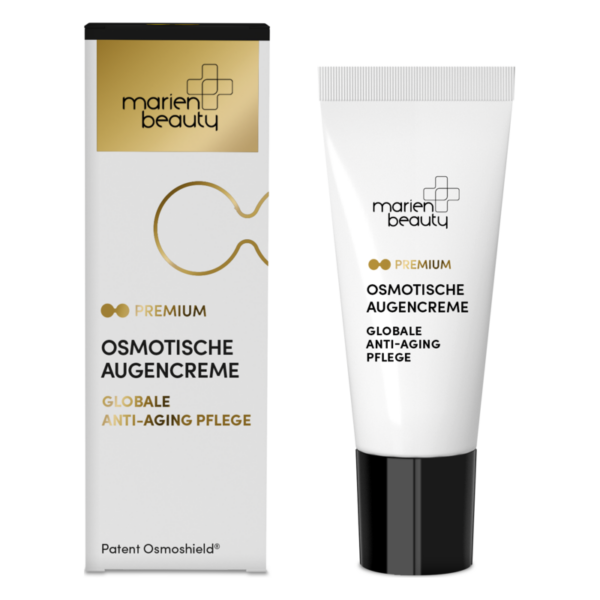 Verpackung und Tube einer osmotischen Augencreme von Marien Beauty, Anti-Aging Pflege in elegantem Design.