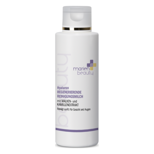 Flasche mit regenerierender Reinigungsmilch von marien beauty, mit Hyaluron, Malven- und Kamillenextrakt.
