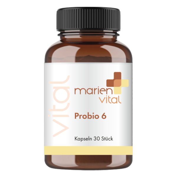Braunes Fläschchen mit schwarzem Schraubverschluss, etikettiert mit "Probio 6" von marien vital