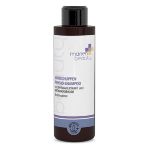 Schwarze Flasche mit etwas geschwungener Form, beschriftet mit Antischuppen Physio-Shampoo und Inhaltsstoffen.