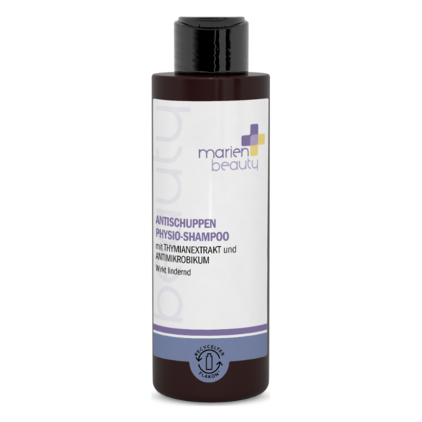 Schwarze Flasche mit etwas geschwungener Form, beschriftet mit Antischuppen Physio-Shampoo und Inhaltsstoffen.