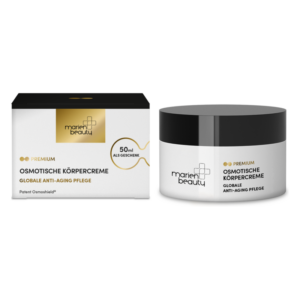 Osmotische Körpercreme in einem eleganten Tiegel neben der schwarzen Verpackung, beide mit goldenen Akzenten und Schriftzug.