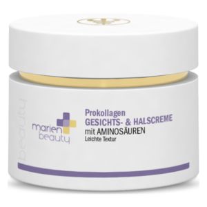 Weißer Cremetiegel mit goldener Schrauböffnung, beschriftet mit "Prokollagen Gesichts- & Halscreme mit Aminosäuren".