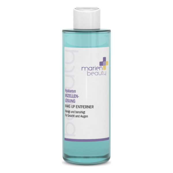 Flasche mit Hyaluron-Mizellenlösung, benutzt als Make-up Entferner für Gesicht und Augen, mit klarer Flüssigkeit.