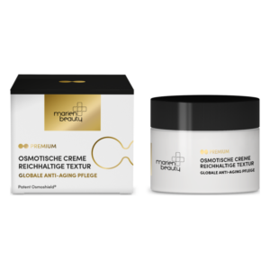 Eine ovale Packung für eine ozeanische Creme mit anti-aging Eigenschaften, weiß und gold, im Karton und im Behälter.