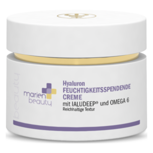 Hyaluronfeuchtigkeitsspendende Creme in einem weißen Tiegel mit goldfarbigem Deckel und lila Schriftzug.