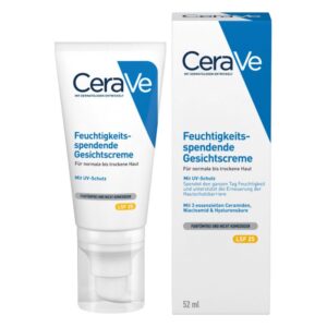 CeraVe Feuchtigkeitscreme in einer Tube mit Pumpspender, verpackt in einer blauen und weißen Schachtel, LSF 25.