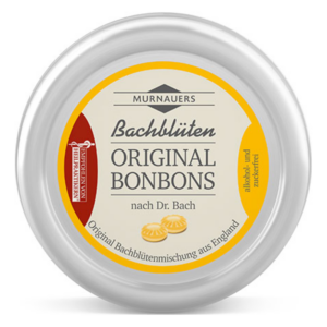 Runder Behälter mit gelbem Etikett für Bachblüten-Bonbons, alkoholfrei und zuckerfrei, nach Dr. Bach.