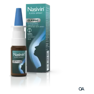 Nasivin Nasenspray in einer braunen Flasche mit blauer Sprühkappe und grünem Karton, beide mit weißen Schriftzügen.