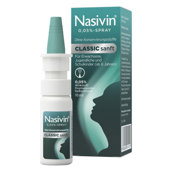 Nasivin Classic sanft Nasenspray in einer weißen Sprühflasche mit grüner Umverpackung.