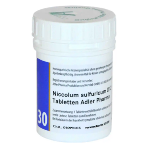 Weißes Röhrchen mit Schraubverschluss, beschriftet mit Informationen zu Niccolum sulfuricum D12 Tabletten.
