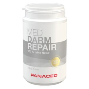Weißer Kunststoffbehälter mit Schraubverschluss, beschriftet mit "DARM REPAIR" und "100 % reine Natur" von PANACEO.