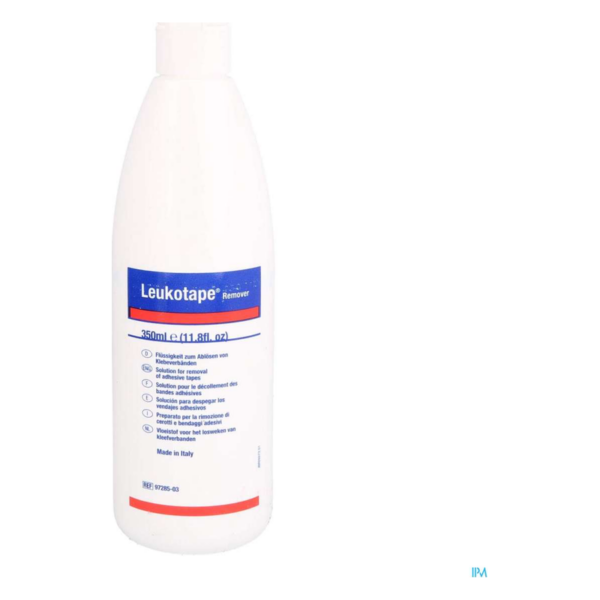 Flasche mit Leukotape Entferner, 350 ml, zum Lösen von Klebebandrückständen, mit mehrsprachiger Beschreibung.