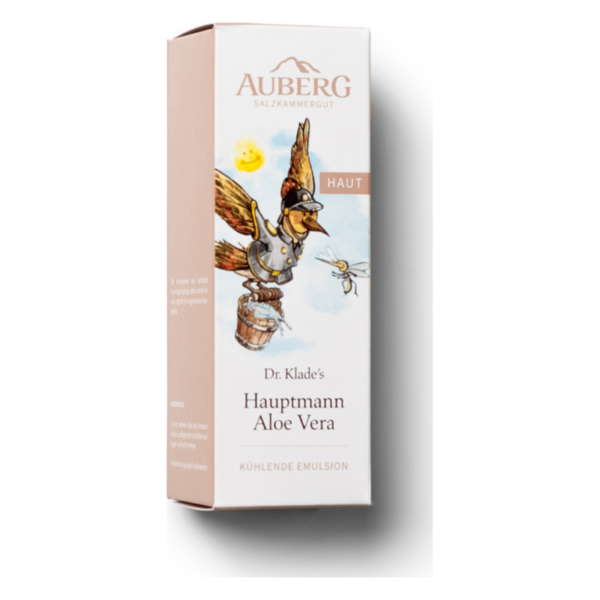Verpackung der kühlenden Emulsion "Hauptmann Aloe Vera" mit einem bunten, illustrierten Design und einem Vogel in Uniform.