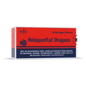Packung Helopanflat Dragees für die Linderung von Blähungen, enthält Pankreatin und Simeticon.