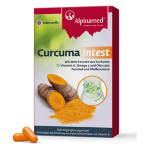 Verpackung von Curcuma Intest mit Kurkuma-Extrakt, zwei Kapseln und einem Bild von Darmbakterien auf rotem Hintergrund.