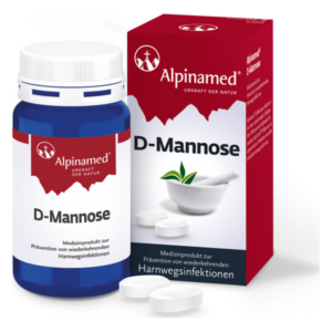 Blaues Fläschchen mit D-Mannose-Tabletten und rotes Kartonetikett für ein medizinisches Produkt zur Prävention von Harnwegsinfektionen.