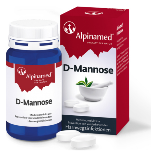 Blaues Fläschchen mit D-Mannose-Tabletten und rotes Kartonetikett für ein medizinisches Produkt zur Prävention von Harnwegsinfektionen.
