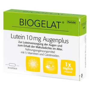 Packung Nahrungsergänzungsmittel mit Lutein zur Unterstützung der Augengesundheit, enthält 30 Kapseln.