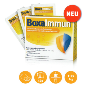 Verpackung von BoxaImmun, einem Nahrungsergänzungsmittel zur Unterstützung des Immunsystems, mit 12 Beuteln Pulver für Zitronengeschmack.