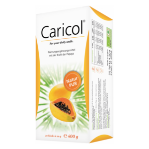 Paket des Nahrungsergänzungsmittels Caricol mit Papaya, verdeutlicht die natürliche Stärke der Frucht.