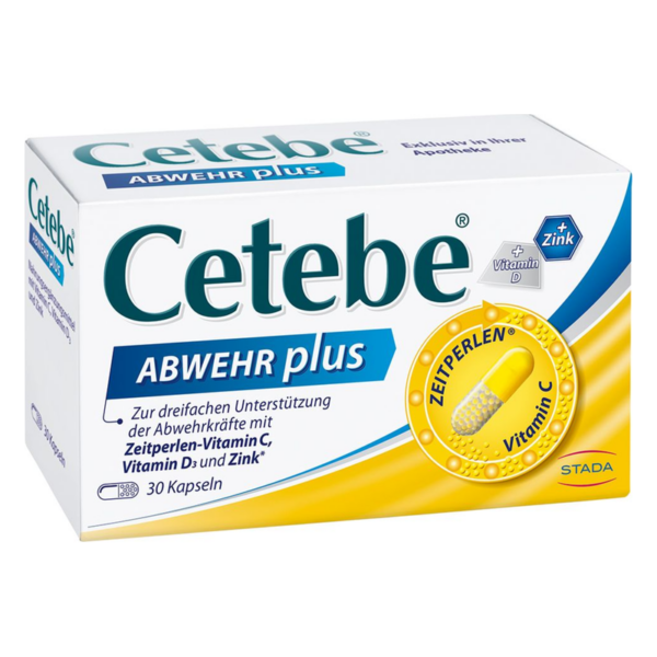 Packung mit Cetebe ABWEHR plus, zur Unterstützung der Abwehrkräfte, enthält Kapseln mit Vitaminen und Zink.