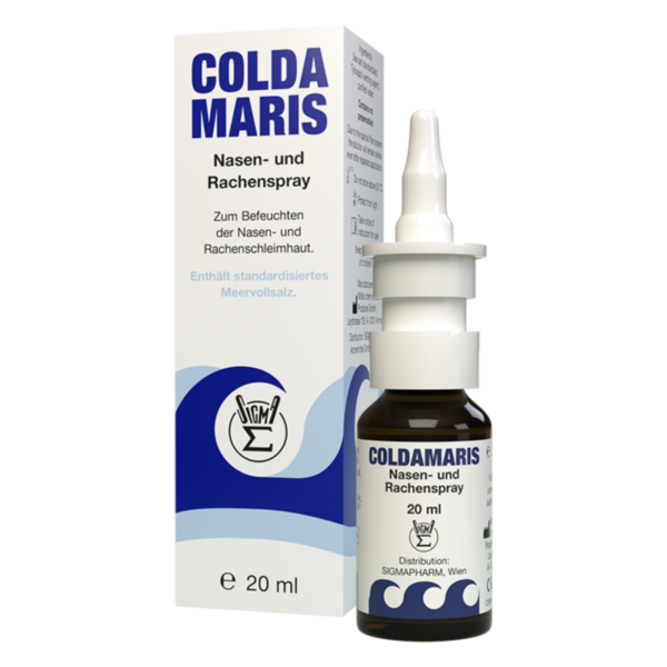 Flasche mit Nasen- und Rachenspray COLDA MARIS in einer Verpackung, die Meerwasser-Lösung enthält.