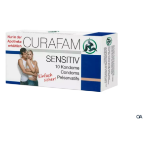 Packung Curafam Sensitiv mit 10 Kondomen, ansprechendes Design, in Apotheke erhältlich, betont Sicherheit.
