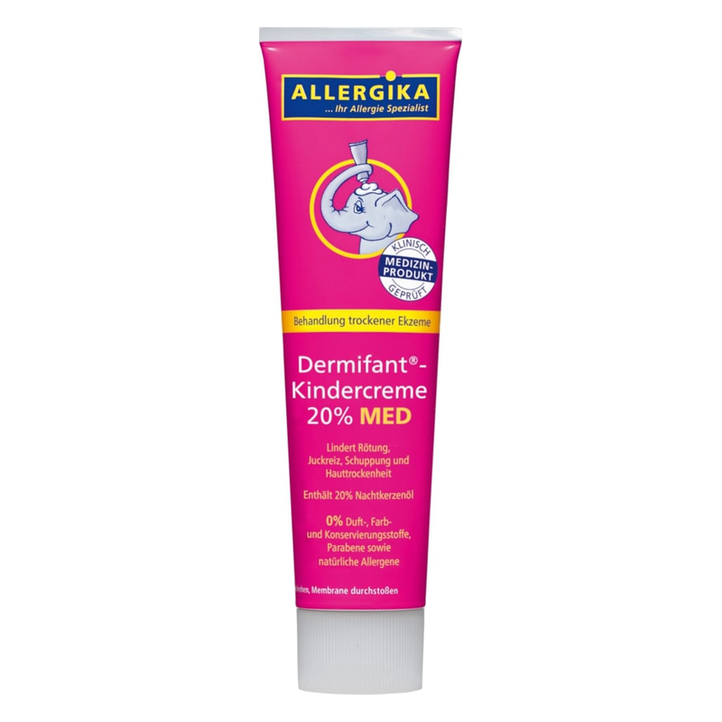 Röhrenverpackung der Allergika Dermifant Kindercreme 20% MED zur Behandlung trockener Ekzeme, in lila mit Elefantenmotiv.