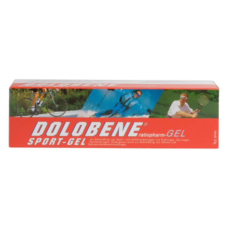 Packung mit Dolobene Sport-Gel für die Behandlung von Sportverletzungen, mit Bildern von Sportarten auf der Verpackung.