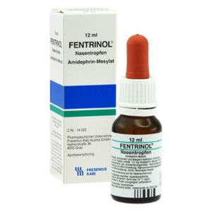 Braune Flasche mit weiem Deckel und rotem Tropfer, verpackt in einer blauen und weißen Schachtel mit der Aufschrift FENTRINOL Nasentropfen.