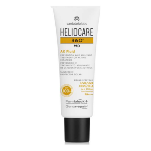 Sonnenschutzcreme in einer weißen Tube mit schwarzem Deckel, beschriftet als Heliocare 360° MD AK Fluid.