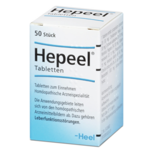 Aufrecht stehende Verpackung mit Hepeel Tabletten, Homöopathikum zur Unterstützung der Leberfunktion.