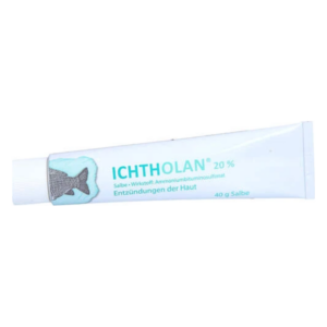 Tube mit Ichtholan-Salbe (20 %) zur Behandlung von Hautentzündungen, 40 g, mit Fischgrafik auf der Verpackung.