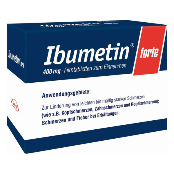Packung Ibumentin forte mit 400 mg Filmtabletten, Anwendung gegen leichte bis mäßig starke Schmerzen.