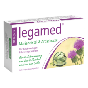 Verpackung von legamed Kapseln mit Mariendistel und Artischocke, maßgeblich für die Fettverdauung.