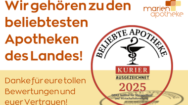 Ankündigung der Marien Apotheke als eine der beliebtesten Apotheken des Landes, ausgezeichnet für 2025.