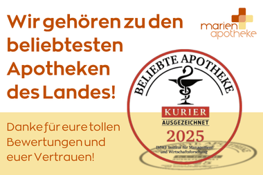 Beliebte_Apotheke.png Ankündigung der Marien Apotheke als eine der beliebtesten Apotheken des Landes, ausgezeichnet für 2025.